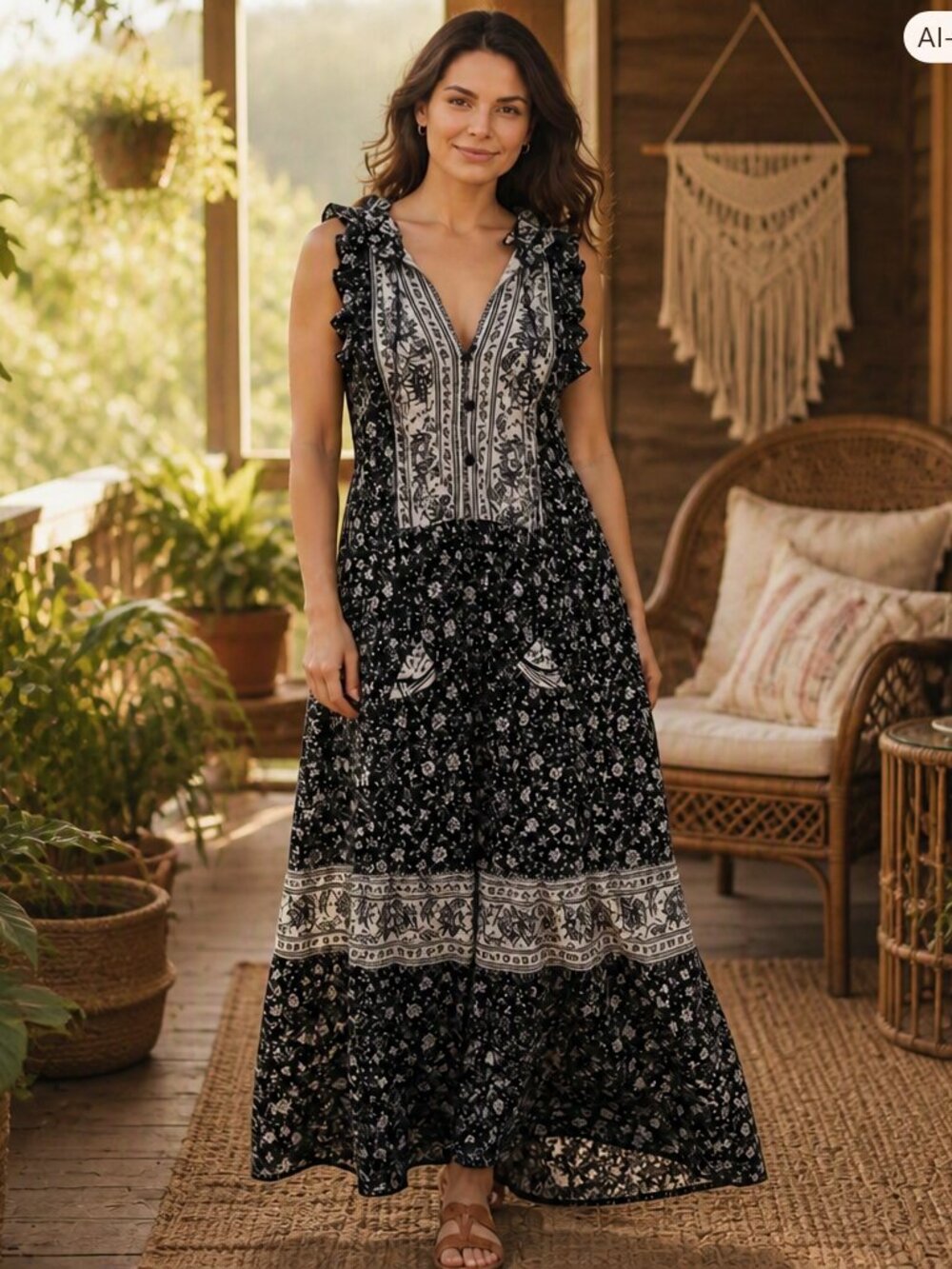 Knox Rose Black & Ivory Floral Maxi Dress – Boho Sleeveless Size Medium
